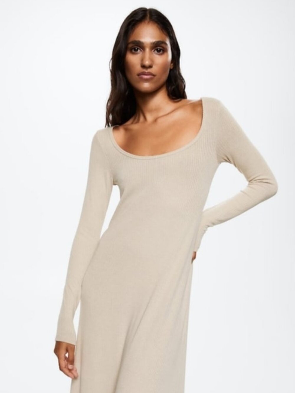 Mango Ribbed Knit Long-Sleeve Midi Dress